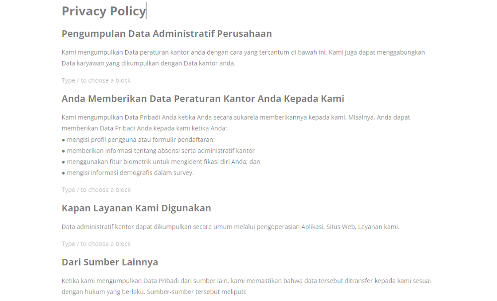 Lengkapi Teks pada Edit Halaman Privacy Policy 