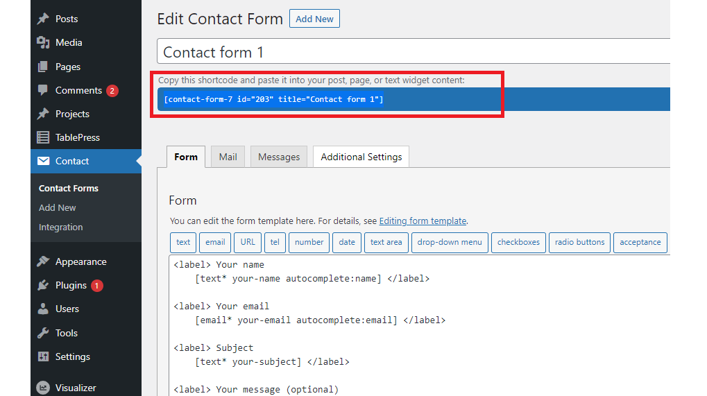 Copy Code pada plugin contact form