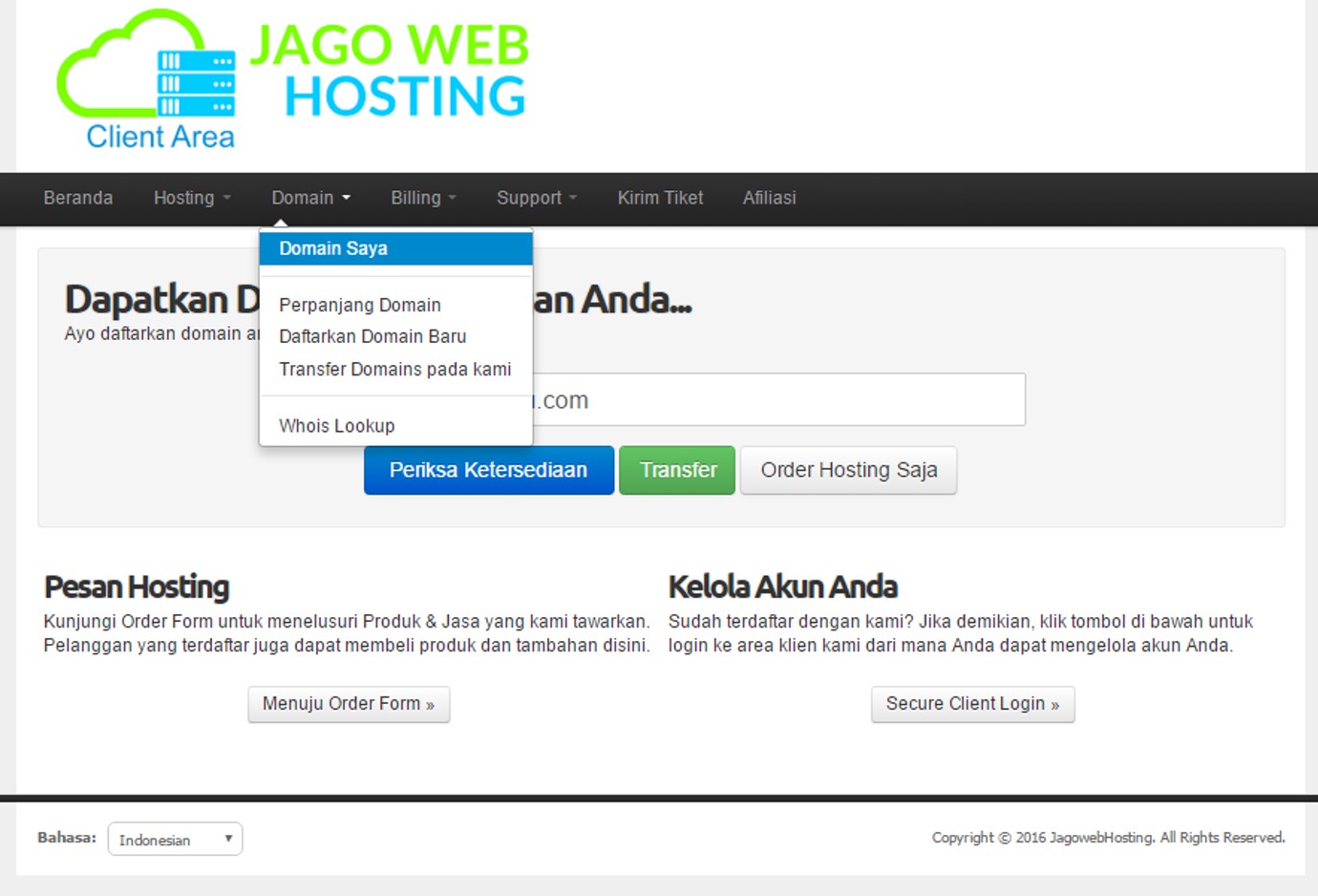 dashboar client area jagowebhosting