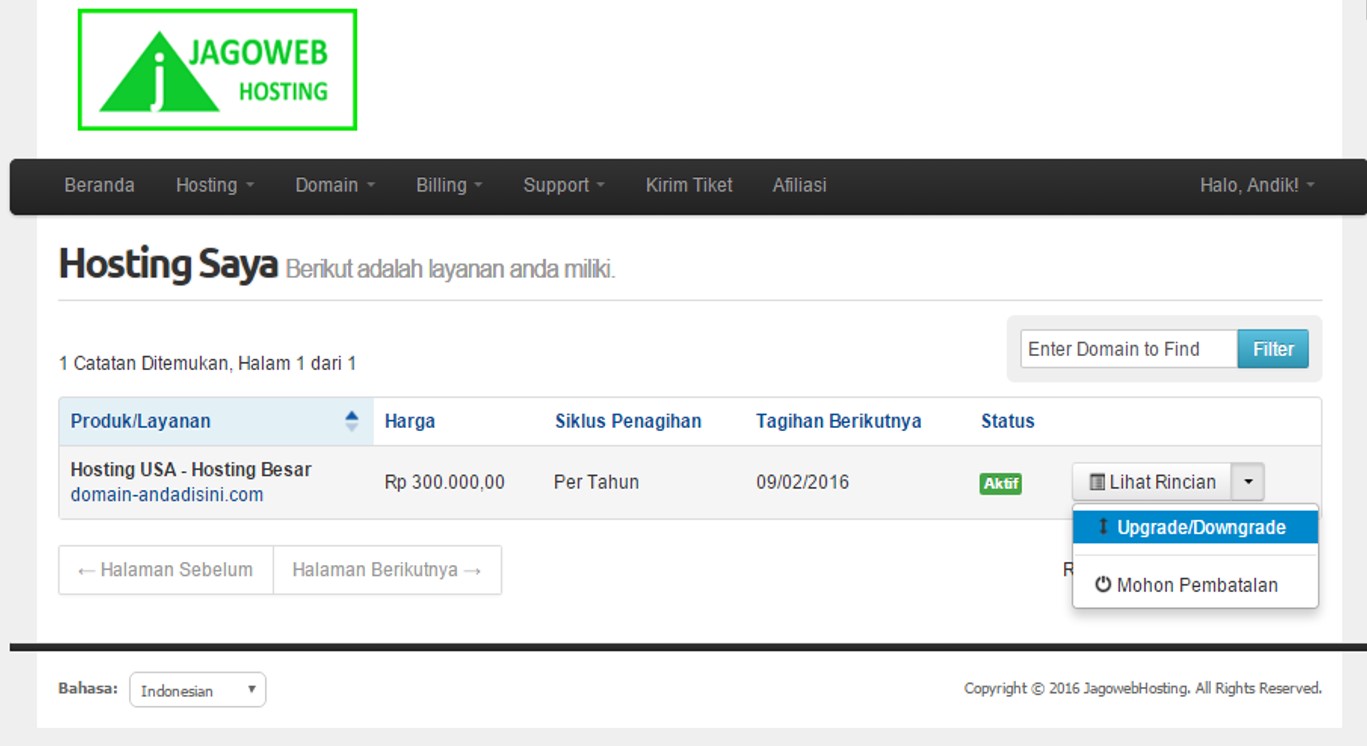 upgrade paket hosting